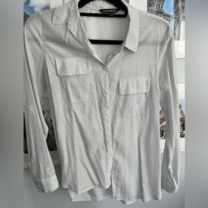 Express blouse. White with “denim” colored polka dots.
